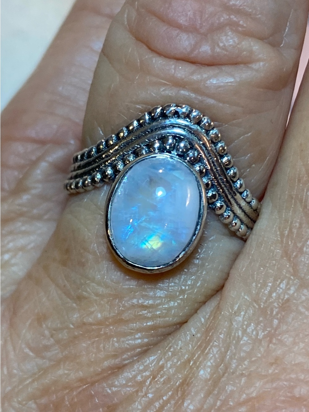 Vintage 925 Moonstone Ring Size 8 Rainbow Flash Sterling Silver